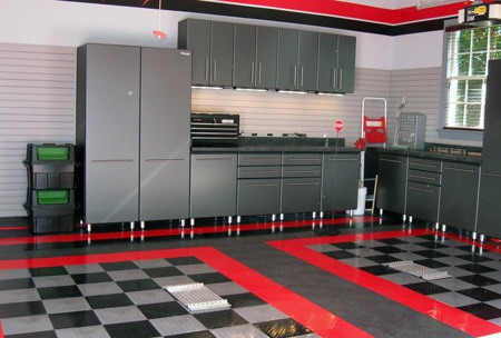 Concrete stains and paints used to makeover the interior of a garage